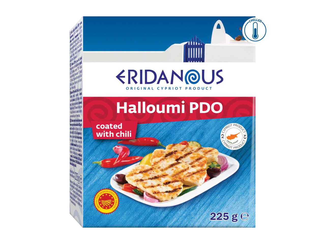 Eridanous Halloumi PDO coated with chili, a chilled Cypriot product, 225g.