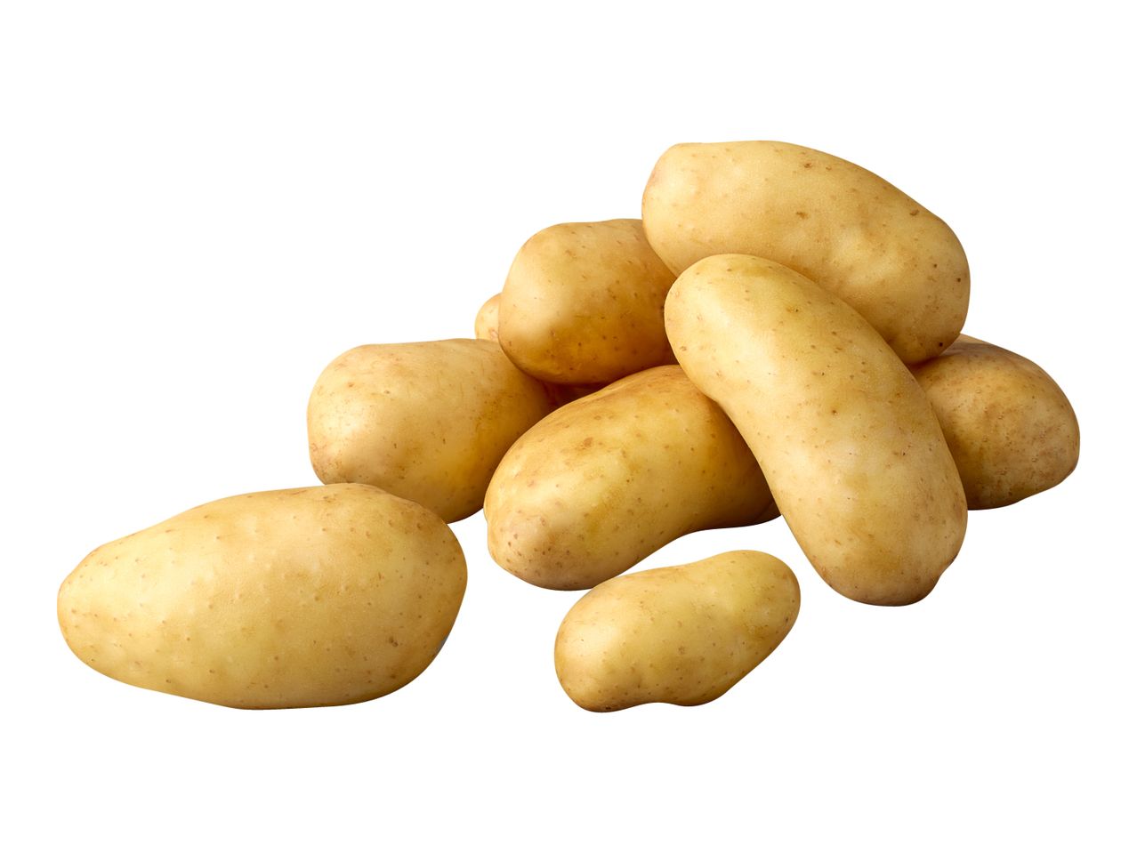 A pile of fresh, light brown potatoes with smooth skin.