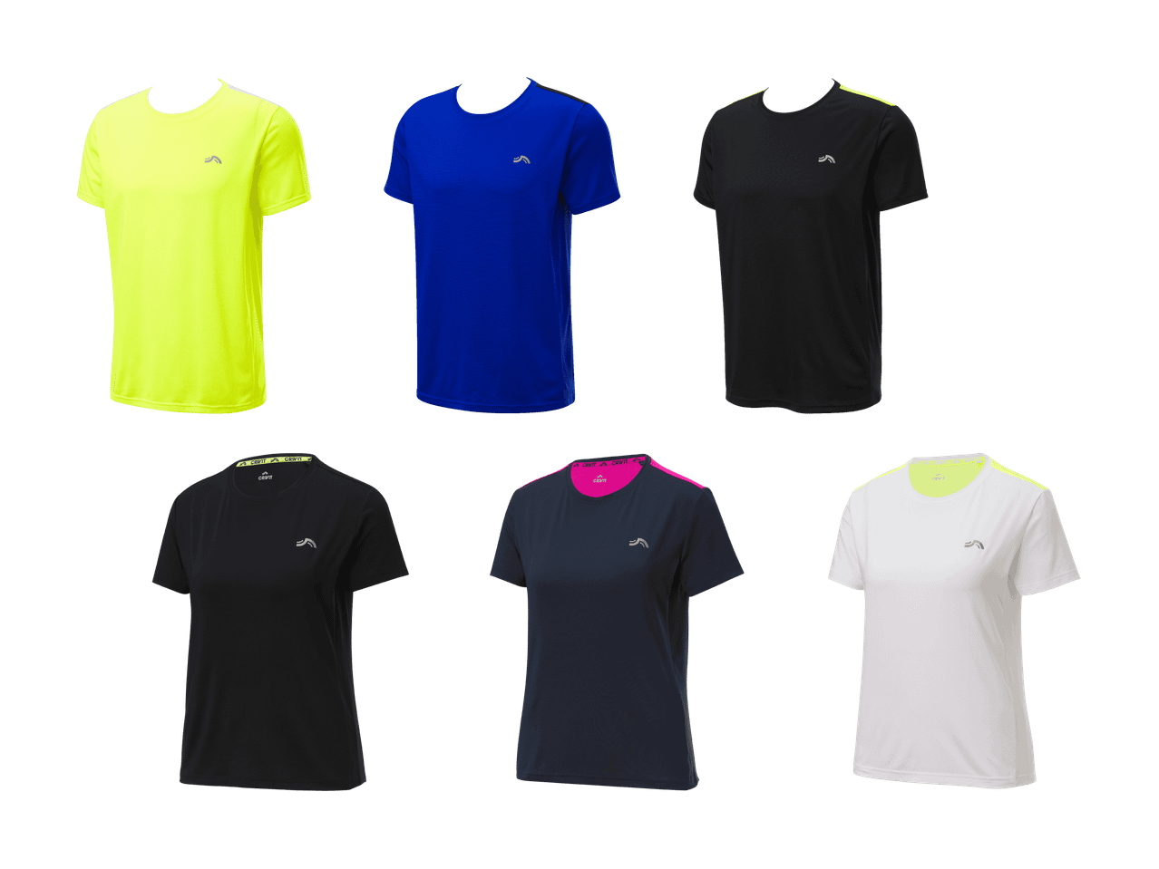 Sechs Crivit Sport-T-Shirts in verschiedenen Farben für Männer und Frauen.