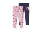 Zwei Peppa Wutz Leggings für Kinder, eine rosa mit Einhorn-Muster und eine dunkelblaue mit Peppa Wutz Logo.