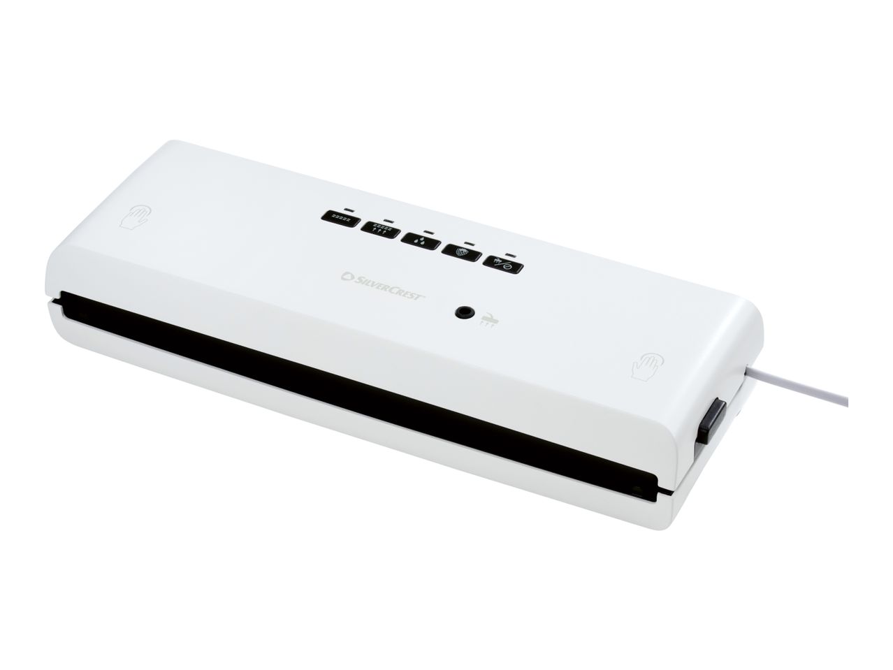 SilverCrest vacuum sealer in white with control panel and power cord.