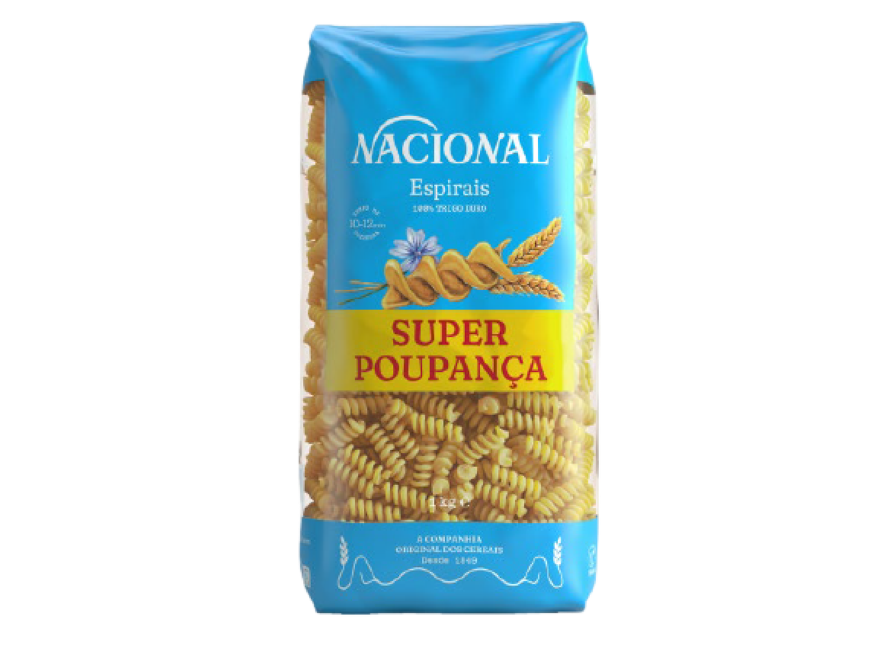 Pacote de massa espirais com a indicação 'Super Poupança' e '100% Trigo Duro'.