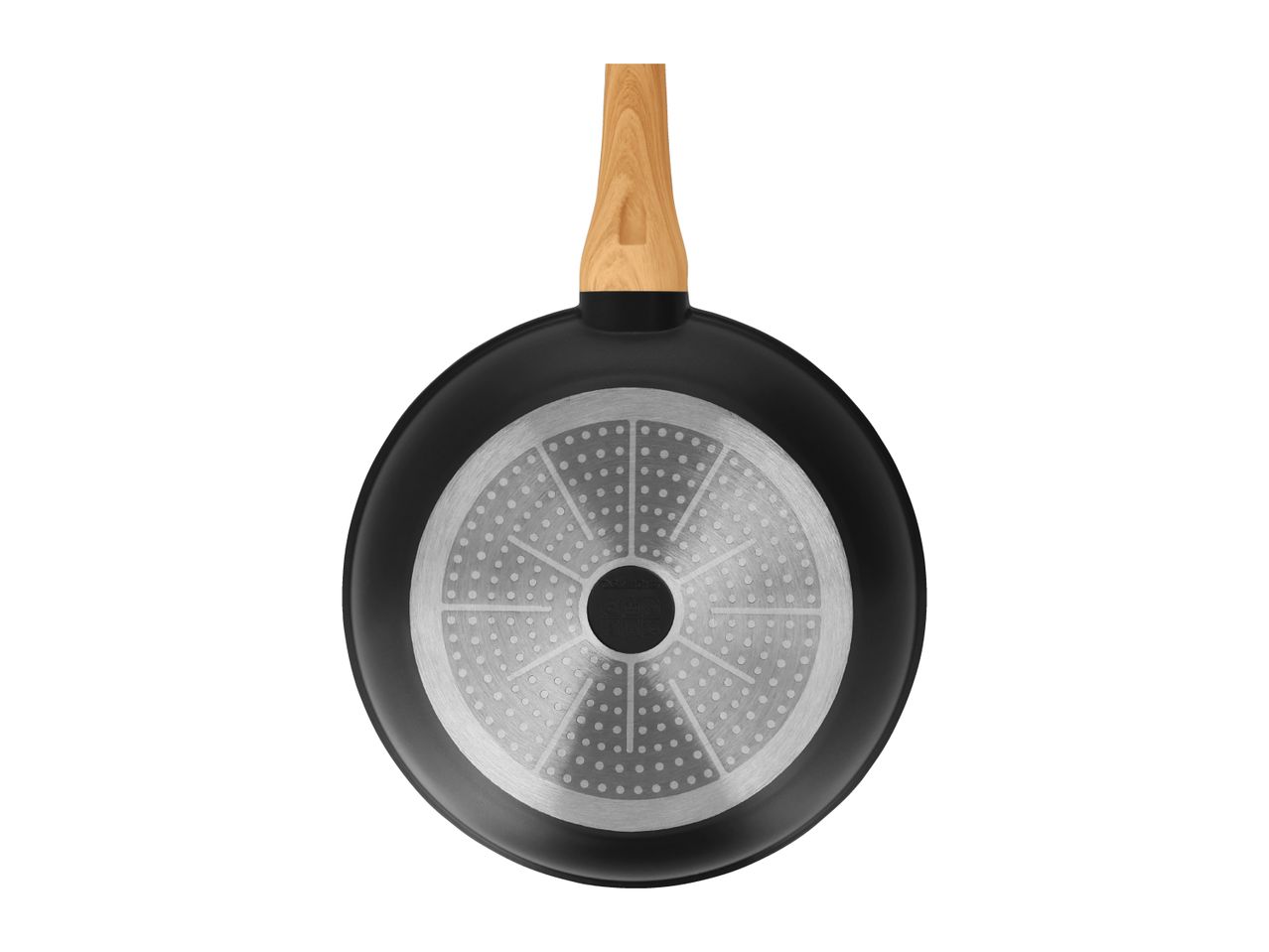 Frying pan with a wooden handle, bottom view