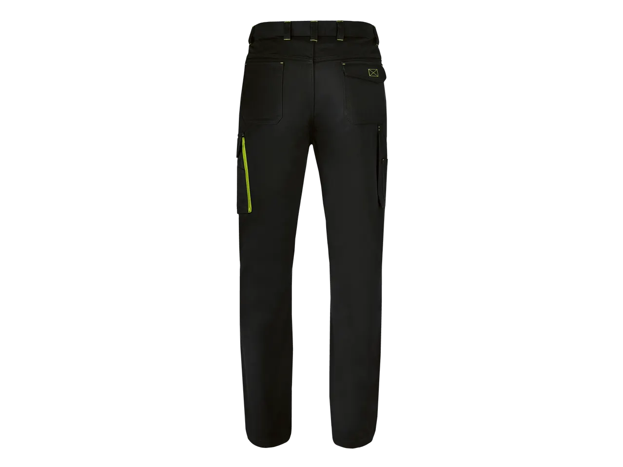 Calças de trabalho pretas Parkside® com detalhes em verde neon, vista traseira