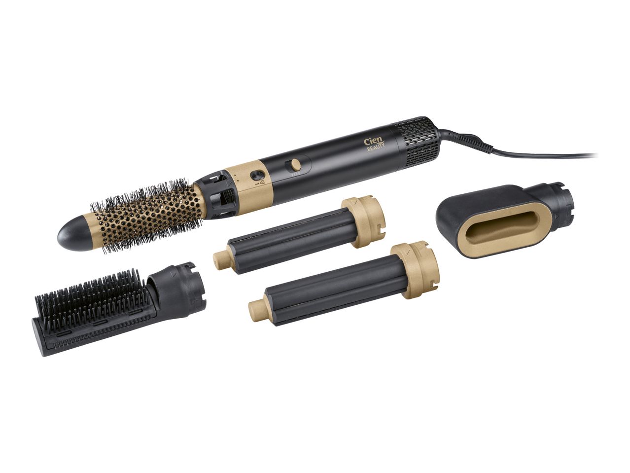 Hair styler with multiple attachments, including a round brush, flat brush, and curling iron barrels.