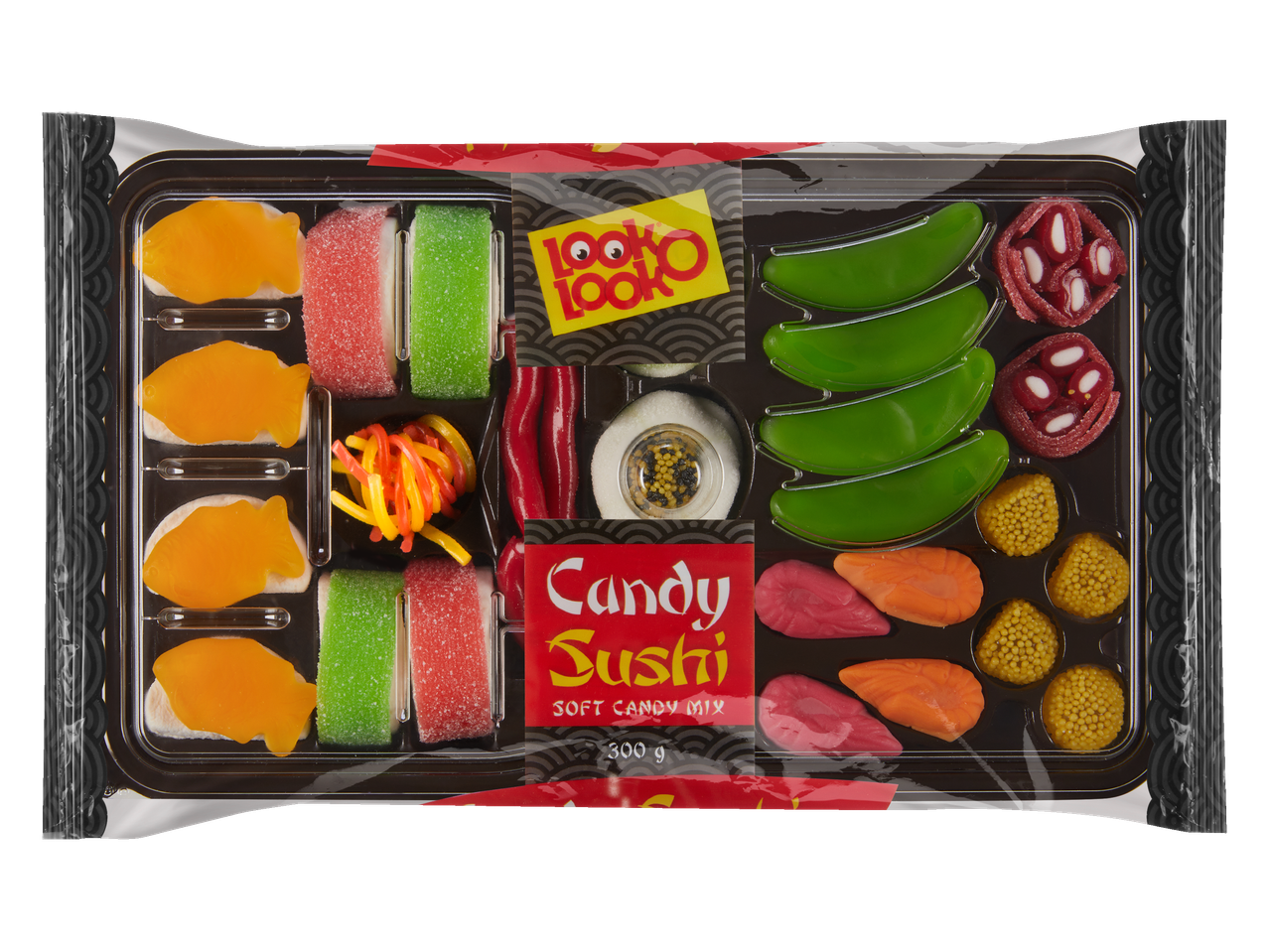 Een verpakking Look o Look Candy Sushi met diverse snoepjes die op sushi lijken.