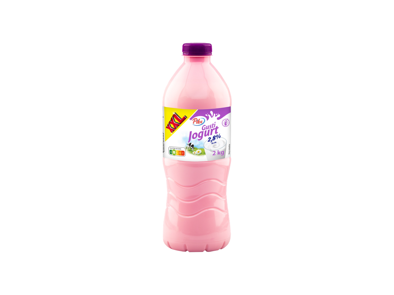 Roze flaša jogurta od 2 kg sa 2,8% mlečne masti i Nutri-Score oznakom.
