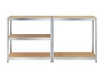 Two metal shelving units with wooden shelves stand side-by-side.