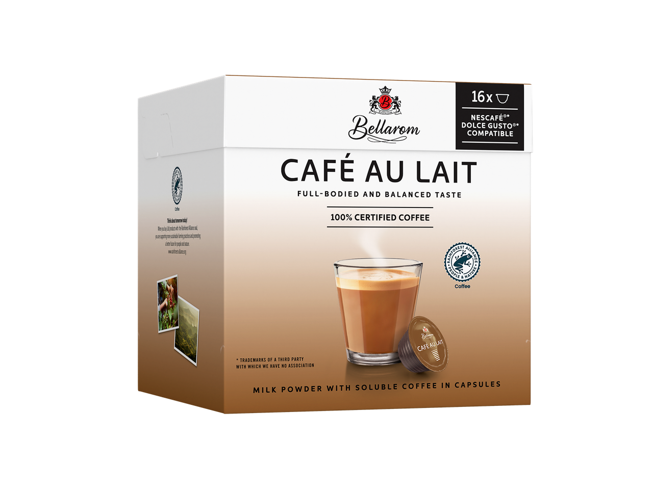 Capsule Bellarom Café au Lait, compatibile cu Nescafé Dolce Gusto, cafea 100% certificată.