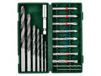 A green plastic case containing a set of drill bits and screwdriver bits.