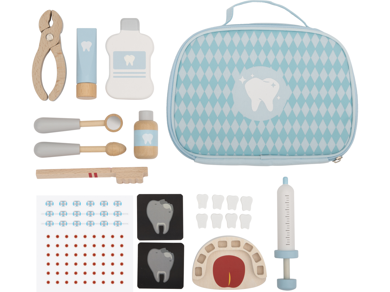 Medinis dantų gydytojo žaislų rinkinys su dėklu, įrankiais, dantimis ir burnos modeliu.