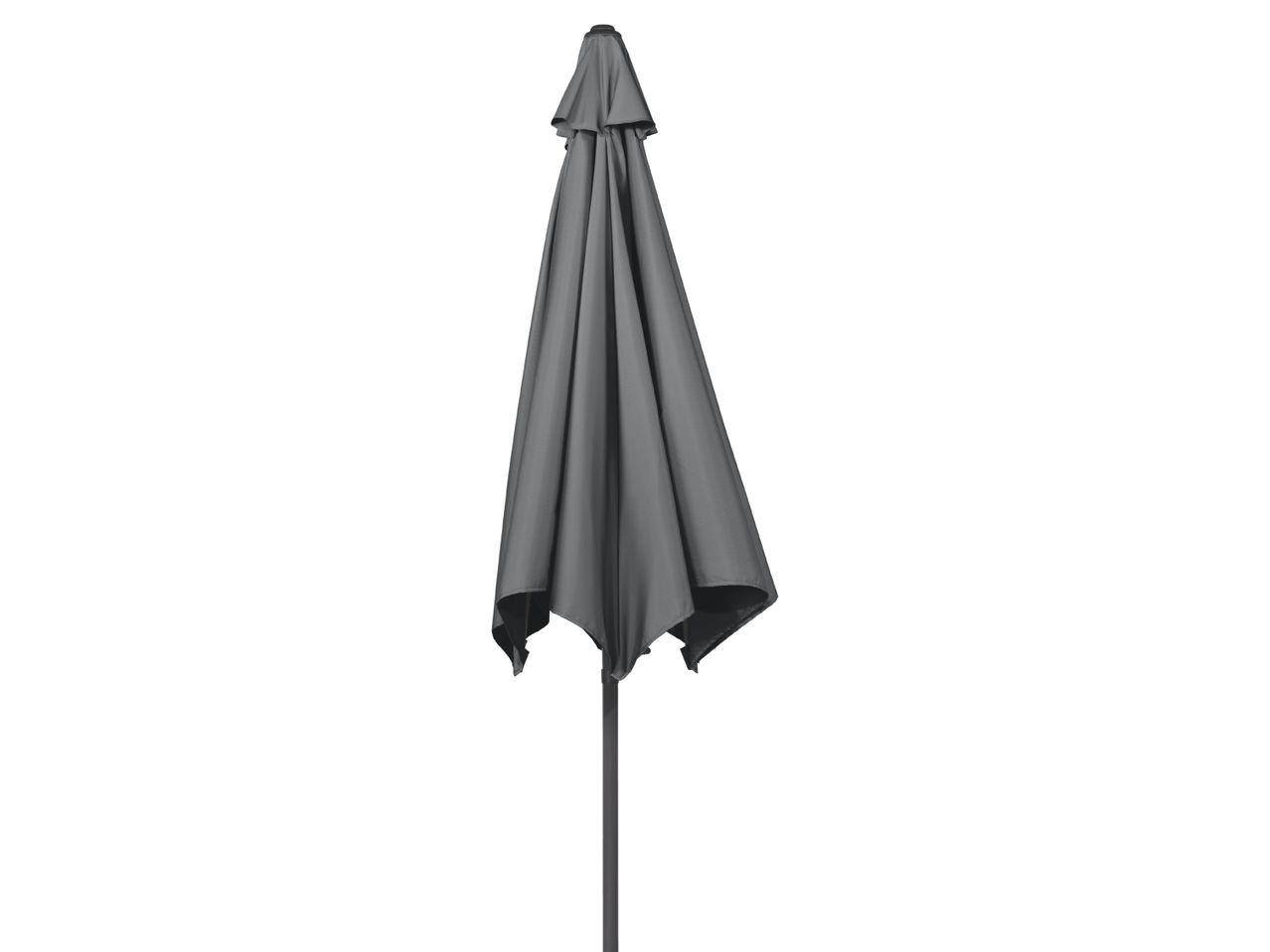 Closed gray patio umbrella with a dark pole on a white background.