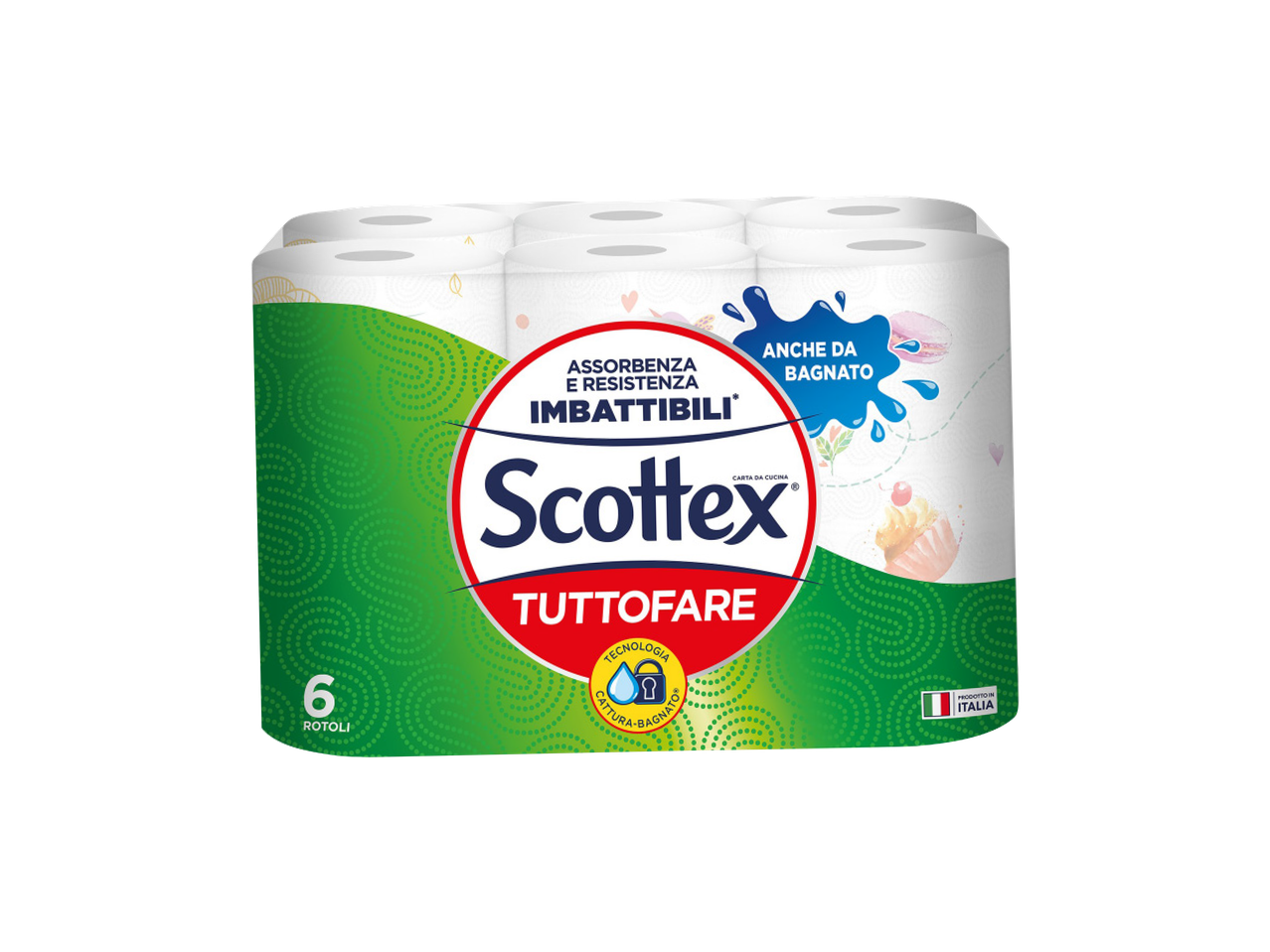 Confezione di Scottex Tuttofare, carta da cucina assorbente e resistente, anche da bagnato, con 6 rotoli.