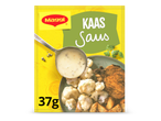 Een verpakking kaassaus van 37 gram met een serveersuggestie.