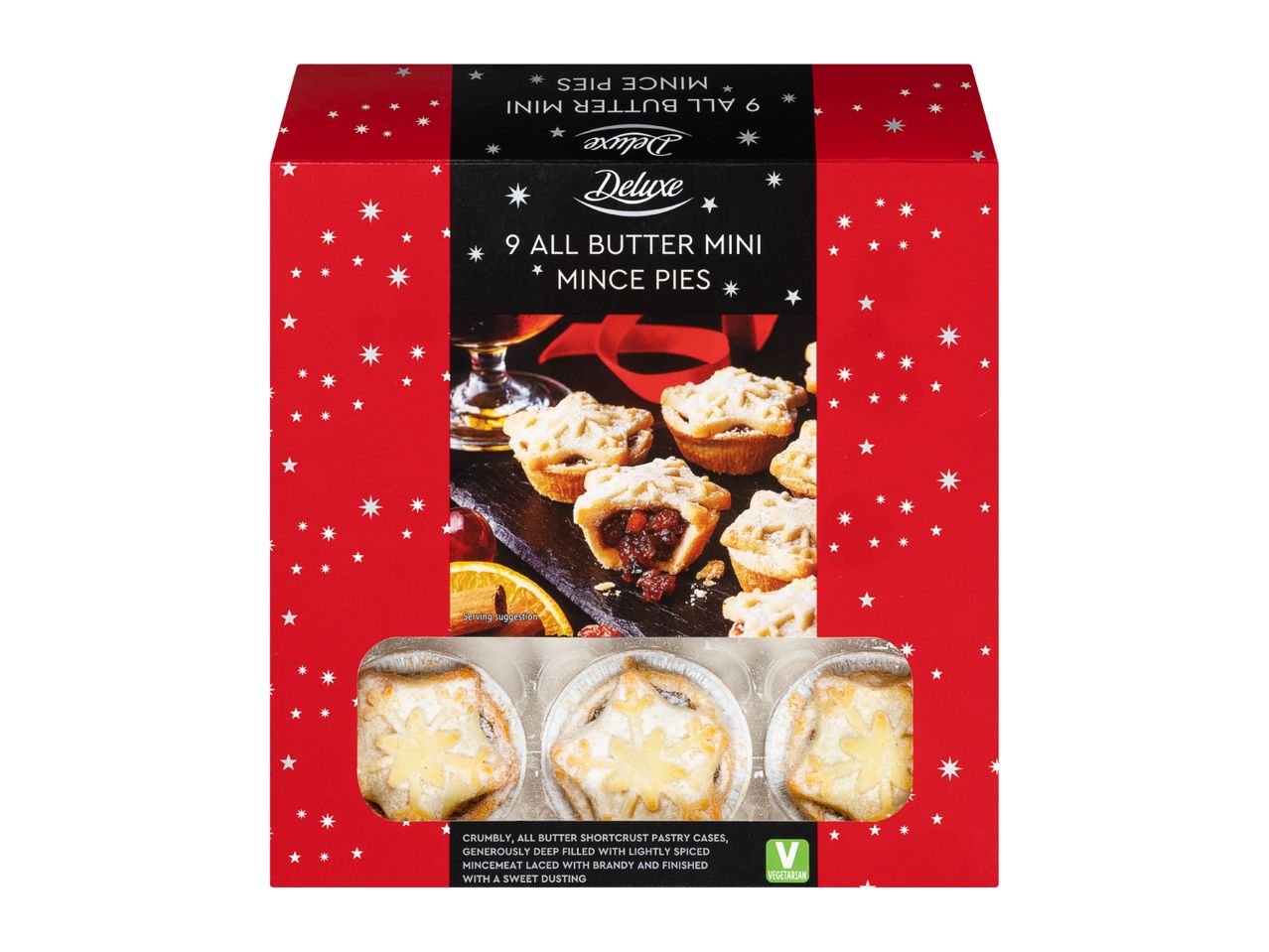 A box of 9 all butter mini mince pies with a festive red and black design.