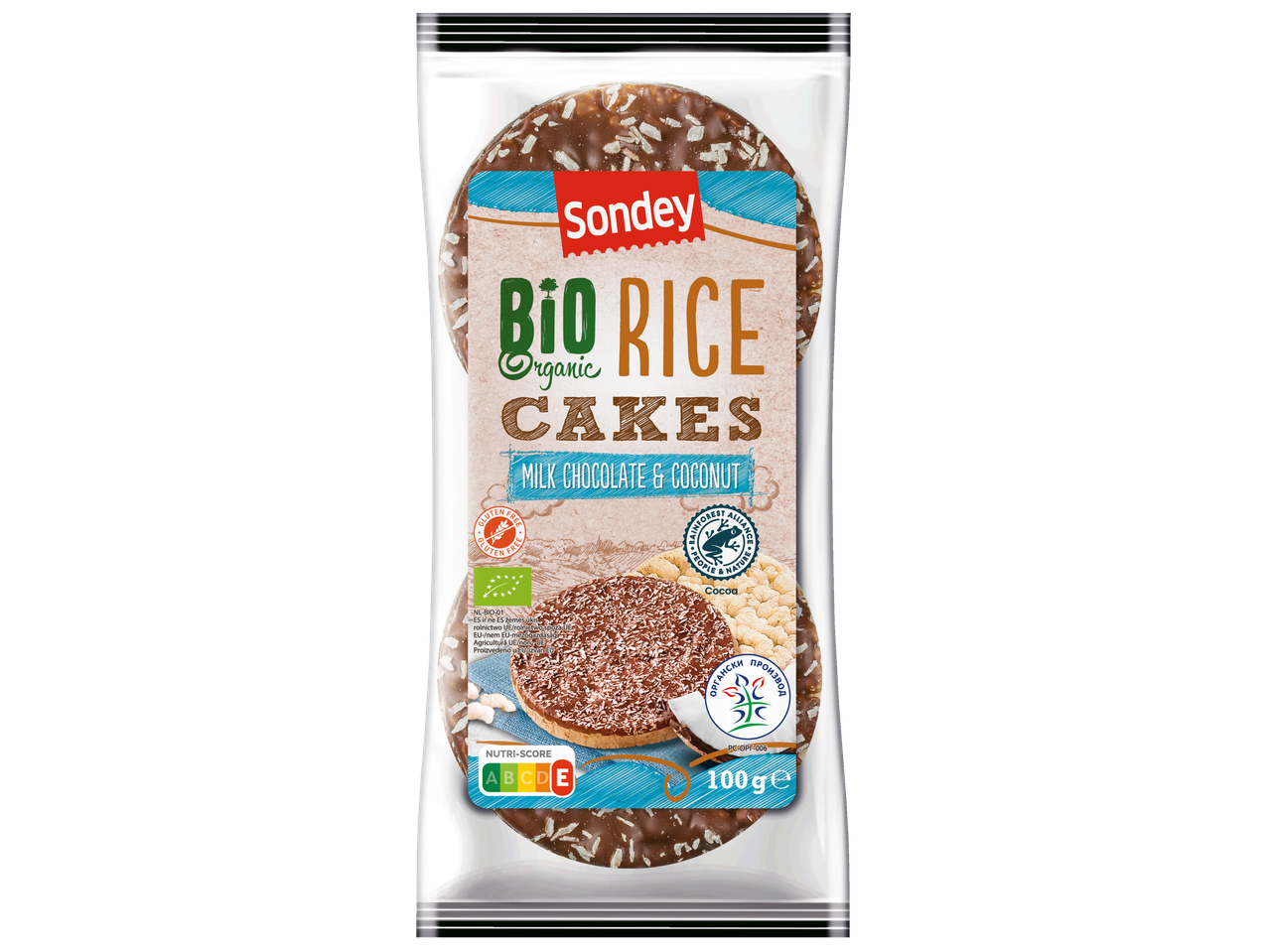 Sondey Bio Rice Cakes: tejes csokoládé és kókusz.