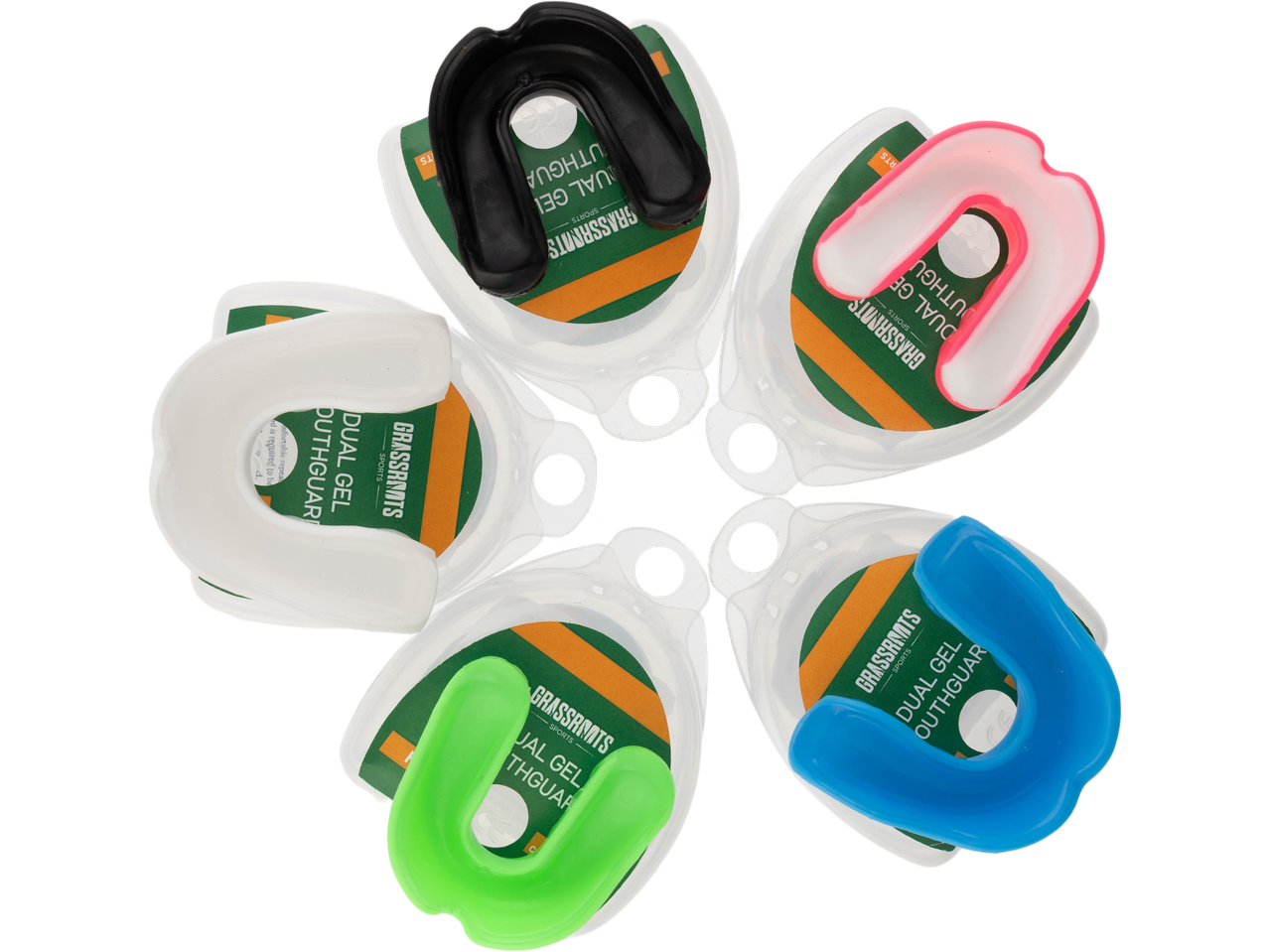 Five colorful dual gel mouthguards in packaging, arranged in a circle.