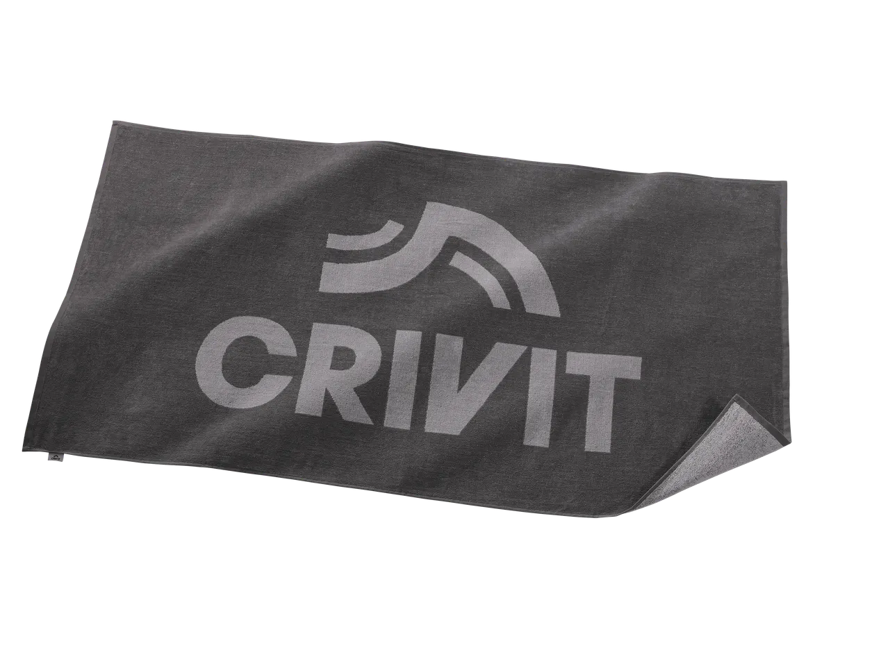 Serviette de sport grise avec logo et texte imprimés.