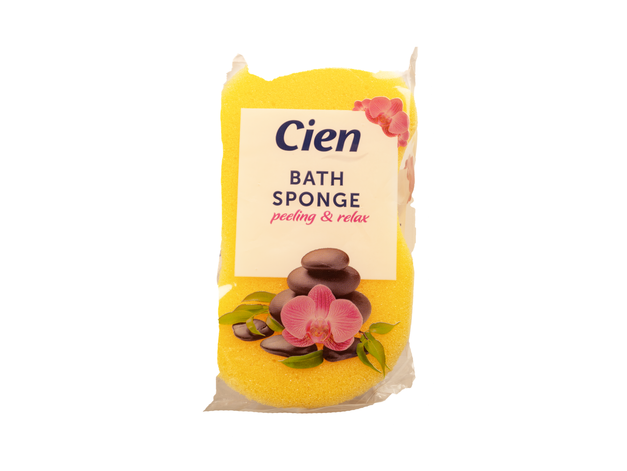 Un burete de baie galben Cien, ambalat și gata de utilizare, are un design cu tematică spa.