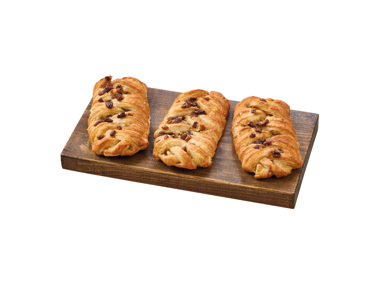 Kolm pekanipähklipirukat puuplatil.