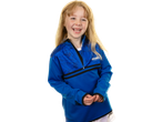 Smiling girl in a blue Kids' Training Jersey with 'GRASSRMTS SPORTS' logo.
