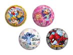 Fire farverige badebolde med motiver af tegneseriefigurer, herunder hunde, en pige og en edderkoppemand.