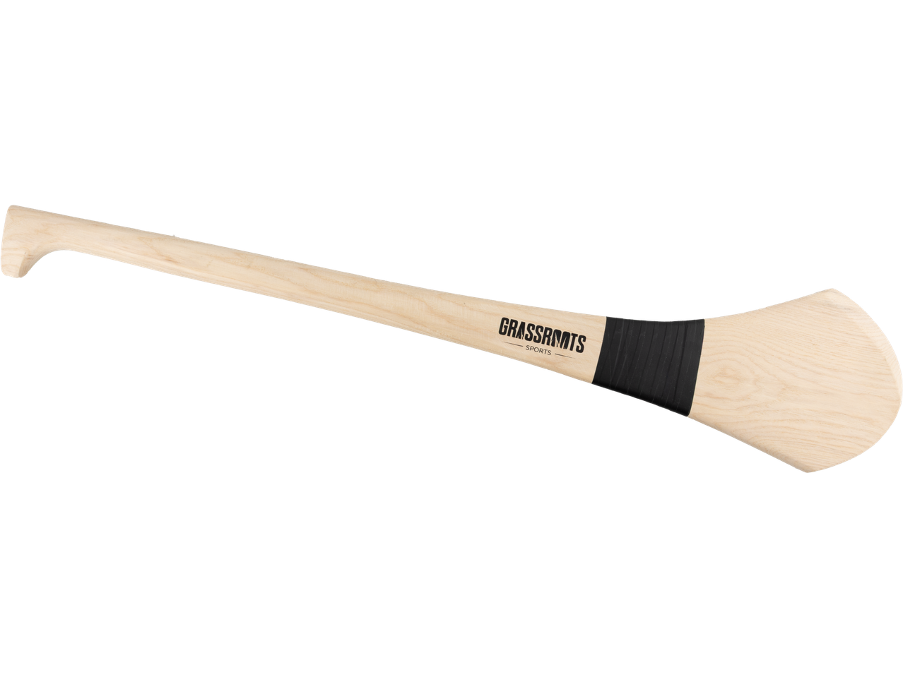 Wooden hurley with a black grip and 'GRASSROOTS SPORTS' logo