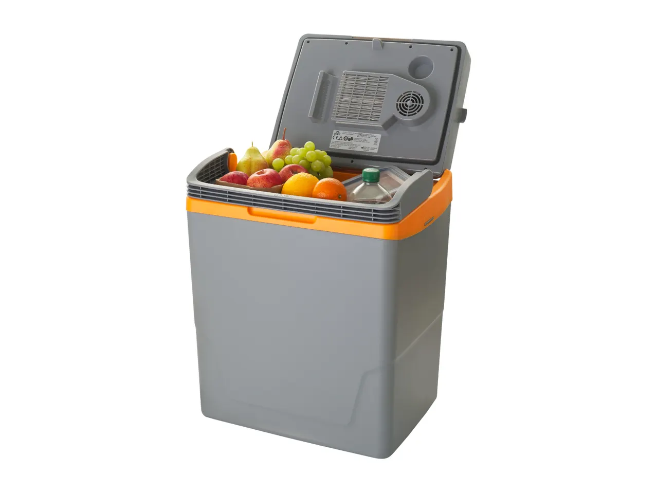 Portable electric cool box filled with fresh fruit and a bottle of water, lid open.