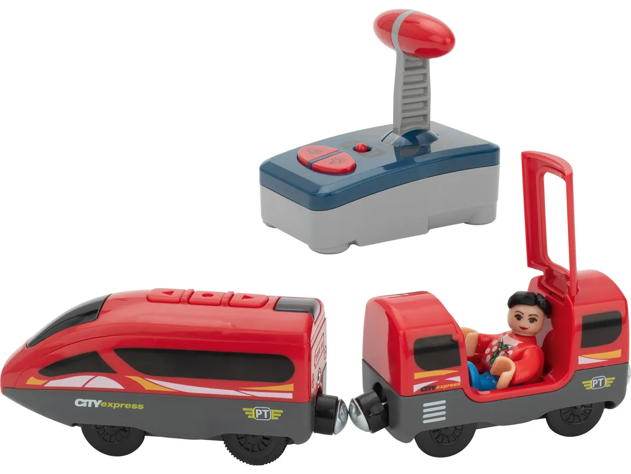 Red toy train with a remote control and a figure in the open carriage.