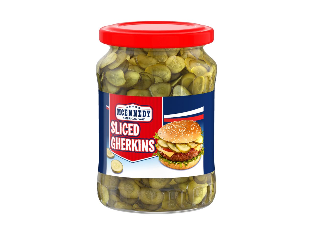 Jar of sliced gherkins with a label featuring a burger and text 'SLICED GHERKINS'.