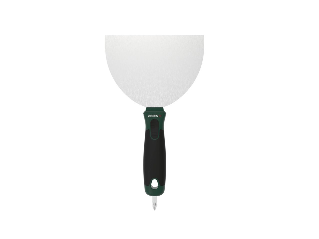 A Parkside drywall spatula with a black and green handle and a metal blade.