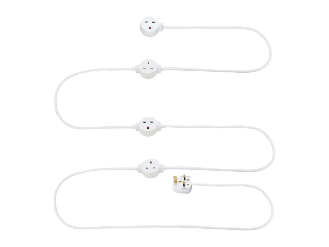 White extension cord with four UK-style sockets and a plug, arranged in a wavy line.
