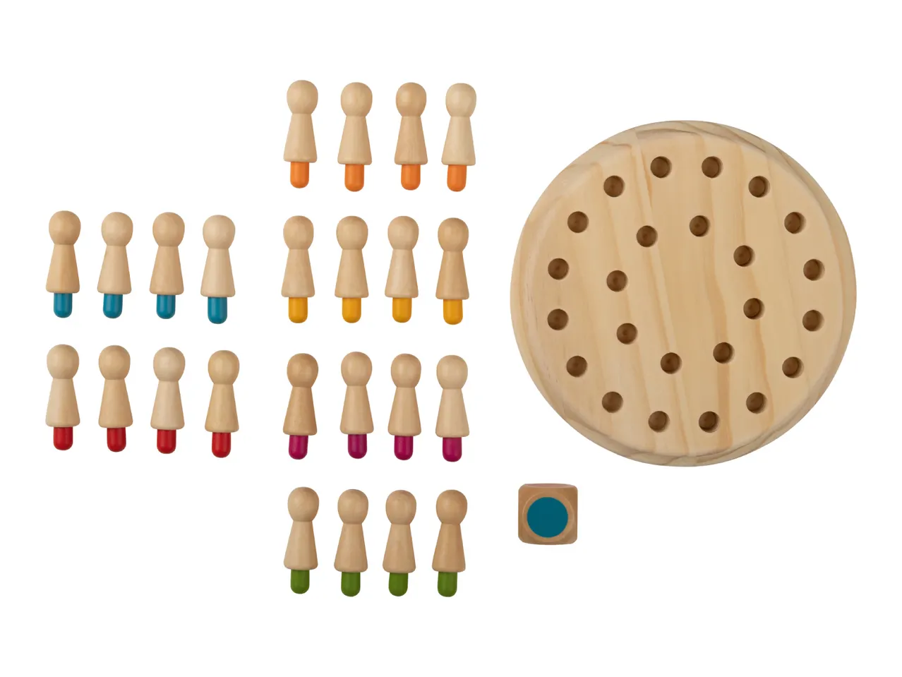 Wooden peg game with a round board, colorful pegs, and a die.