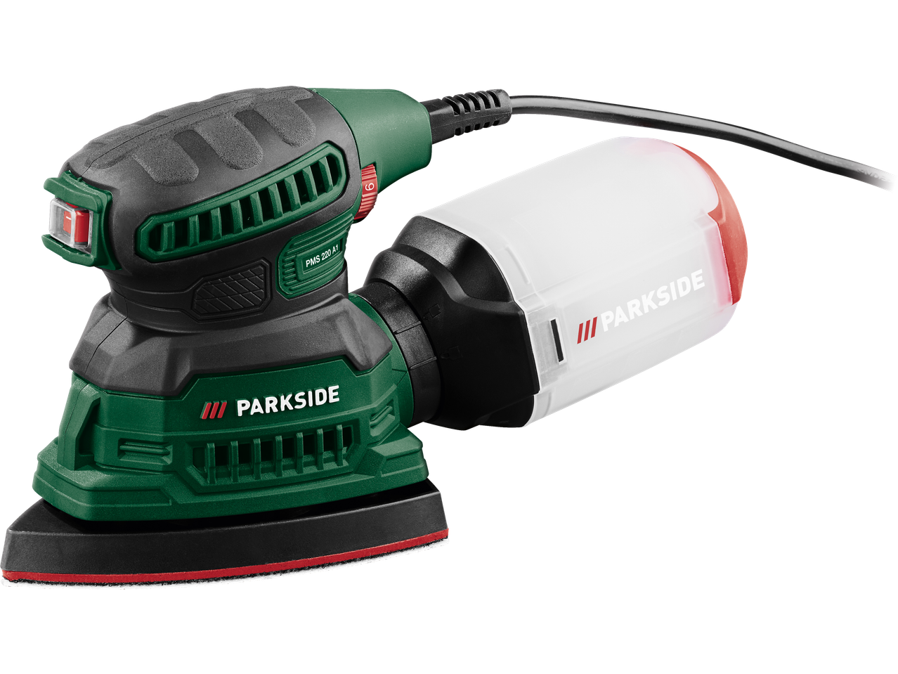 Parkside® Sander Assortment: A green and black orbital sander with a dust collection box.