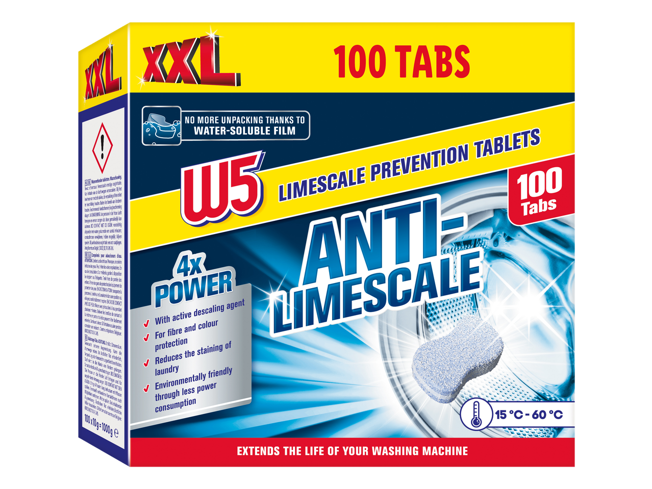 W5 XXL Anti-Kalkaanslag: 100 tabletten ter voorkoming van kalkaanslag in wasmachines.