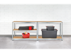 Parkside® Metal Shelving Unit with storage boxes, folded blankets, and a red bucket.