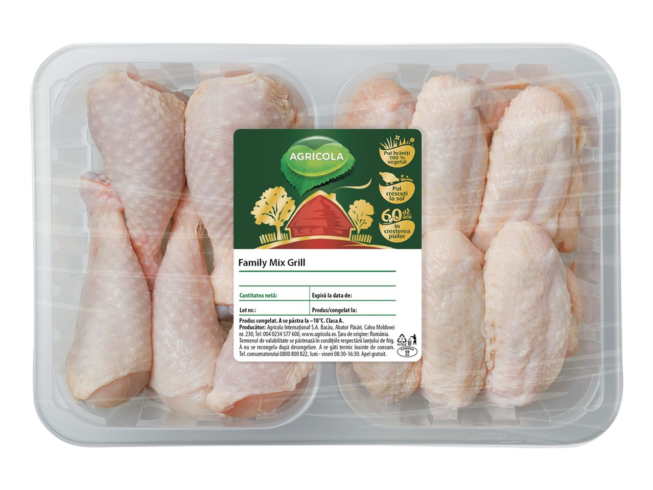 Pui congelat Family Mix Grill, cu etichetă verde, în ambalaj transparent.