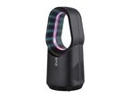 Black bladeless fan with purple light and control buttons on a white background