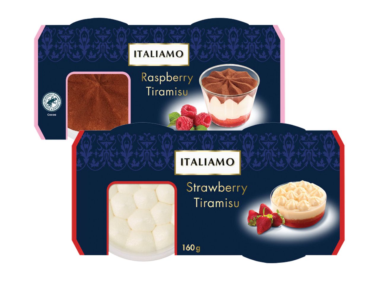 Dve kutije Dr. Oetker poslastica: jagoda torta i jagoda krem.
