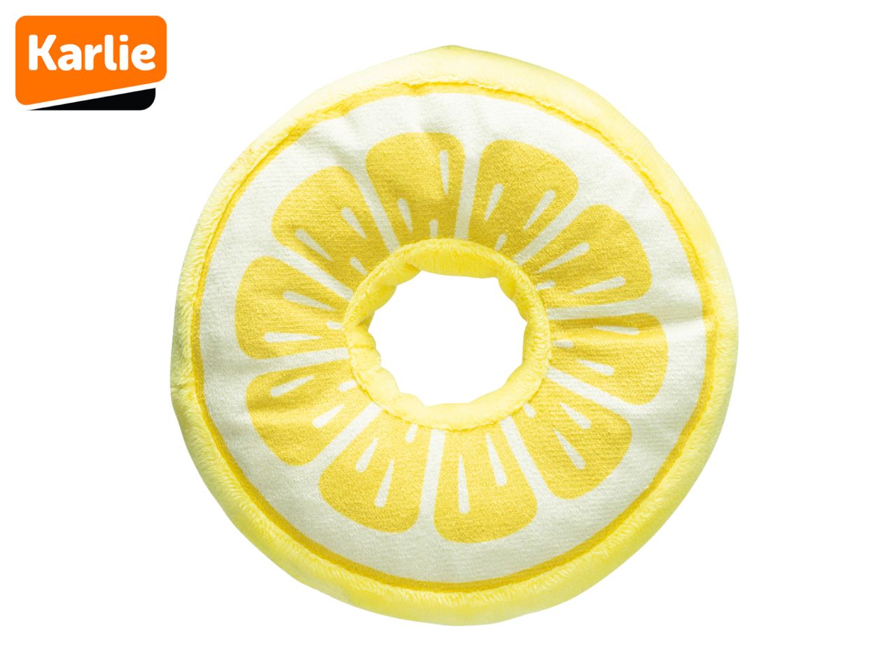 Karlie lemon-shaped plush dog toy.