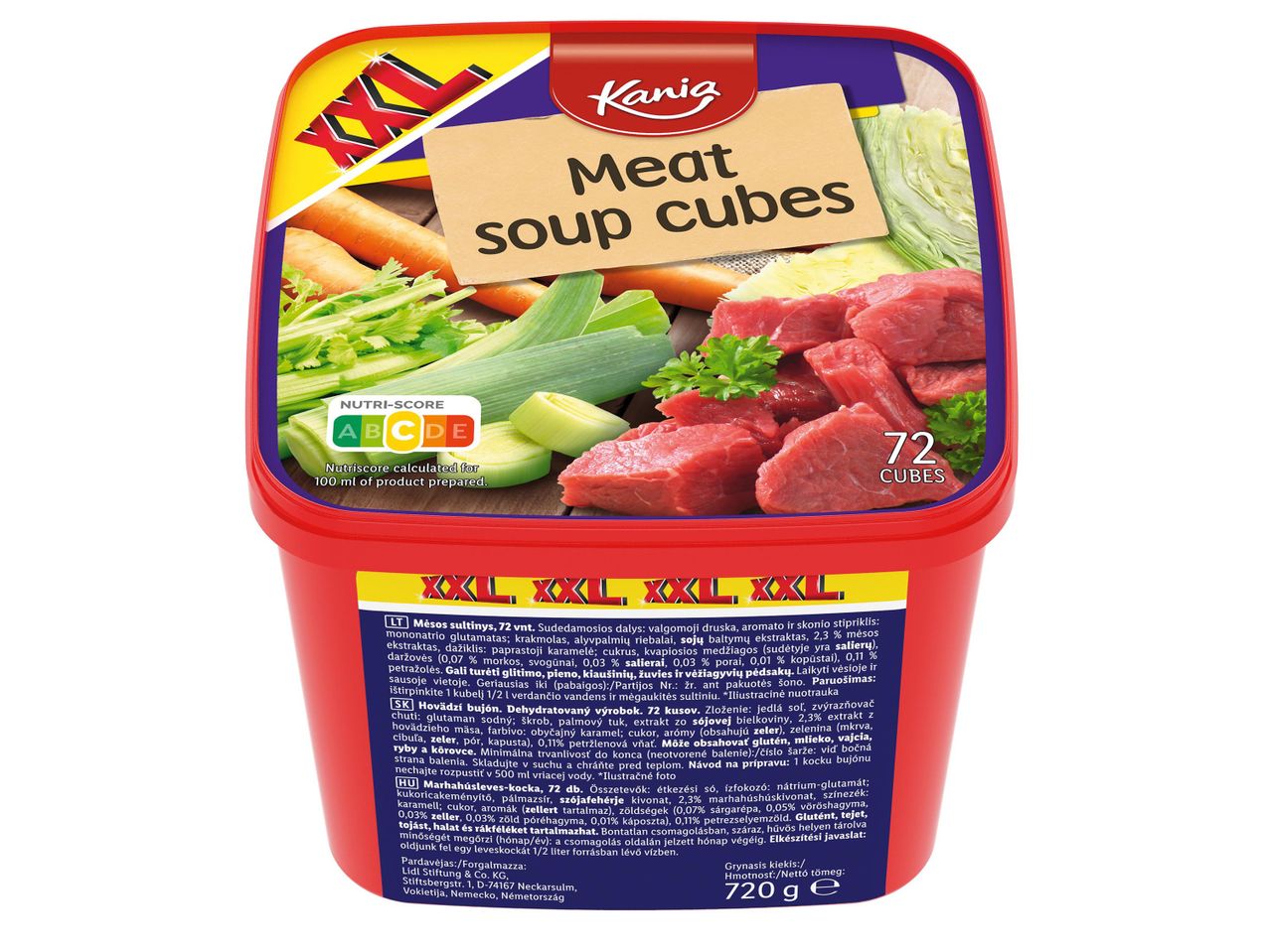 Aldi márkájú húsleveskocka doboz.