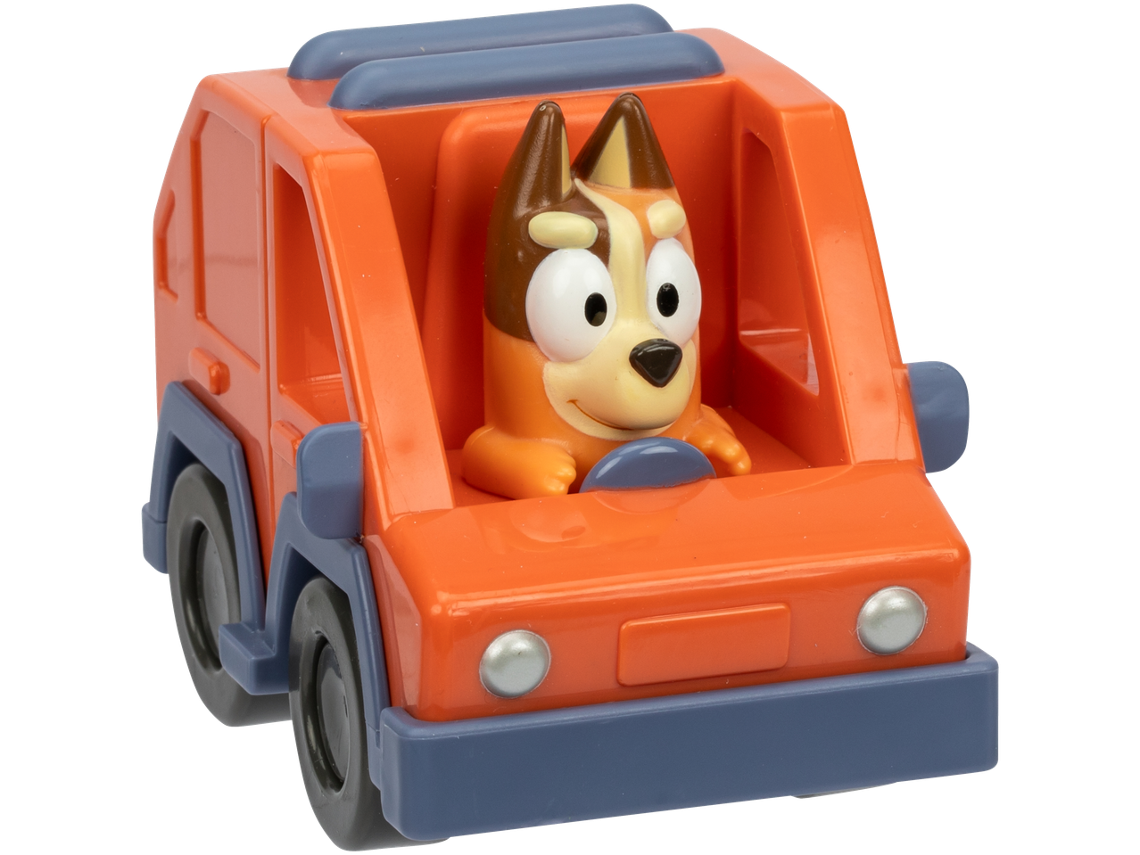 Bluey Bandit Heeler mini lenktynininkas oranžiniame automobilyje