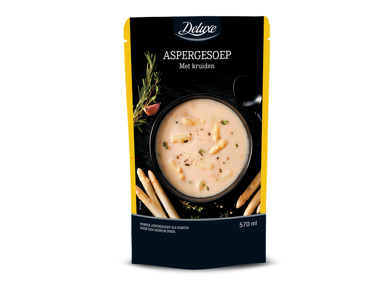 Deluxe Aspergesoep met kruiden, 570ml, in een zakje.