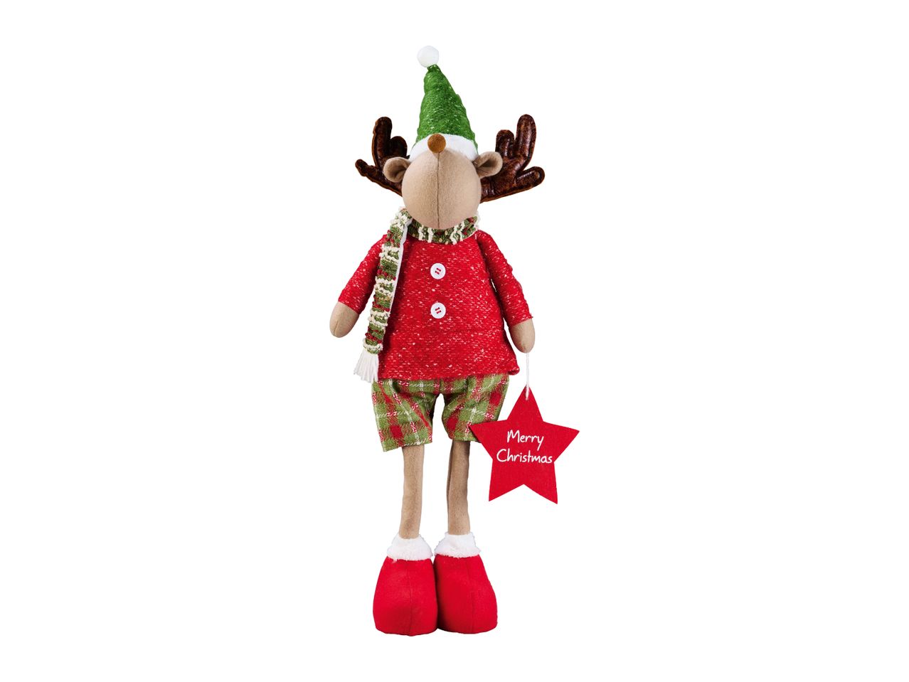 Christmas reindeer plush toy with green hat, red shirt, plaid shorts, and a 'Merry Christmas' star.