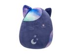 A dark blue cat-shaped plush toy with galaxy print ears and side, embroidered with a moon and stars.