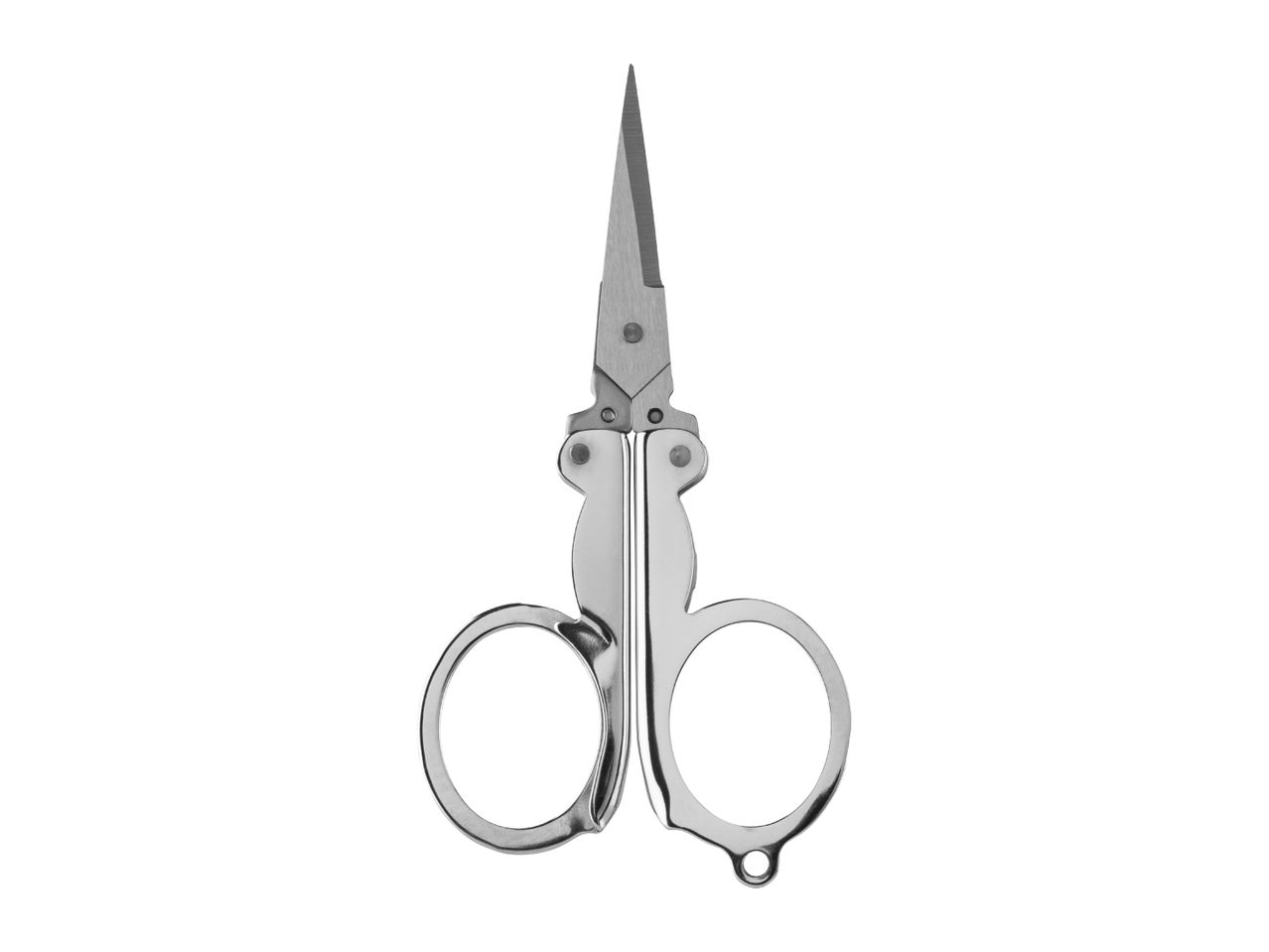 Compact folding scissors made of stainless steel, isolated on a white background.