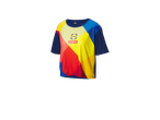 Uma camiseta Crivit com os logotipos da Lidl e Trek em um design colorido.