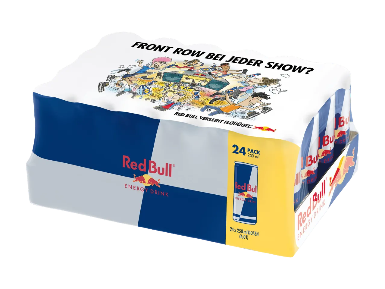 Ein 24er-Pack Red Bull Energy Drink mit einer Cartoon-Illustration von Menschen auf einem Konzert.