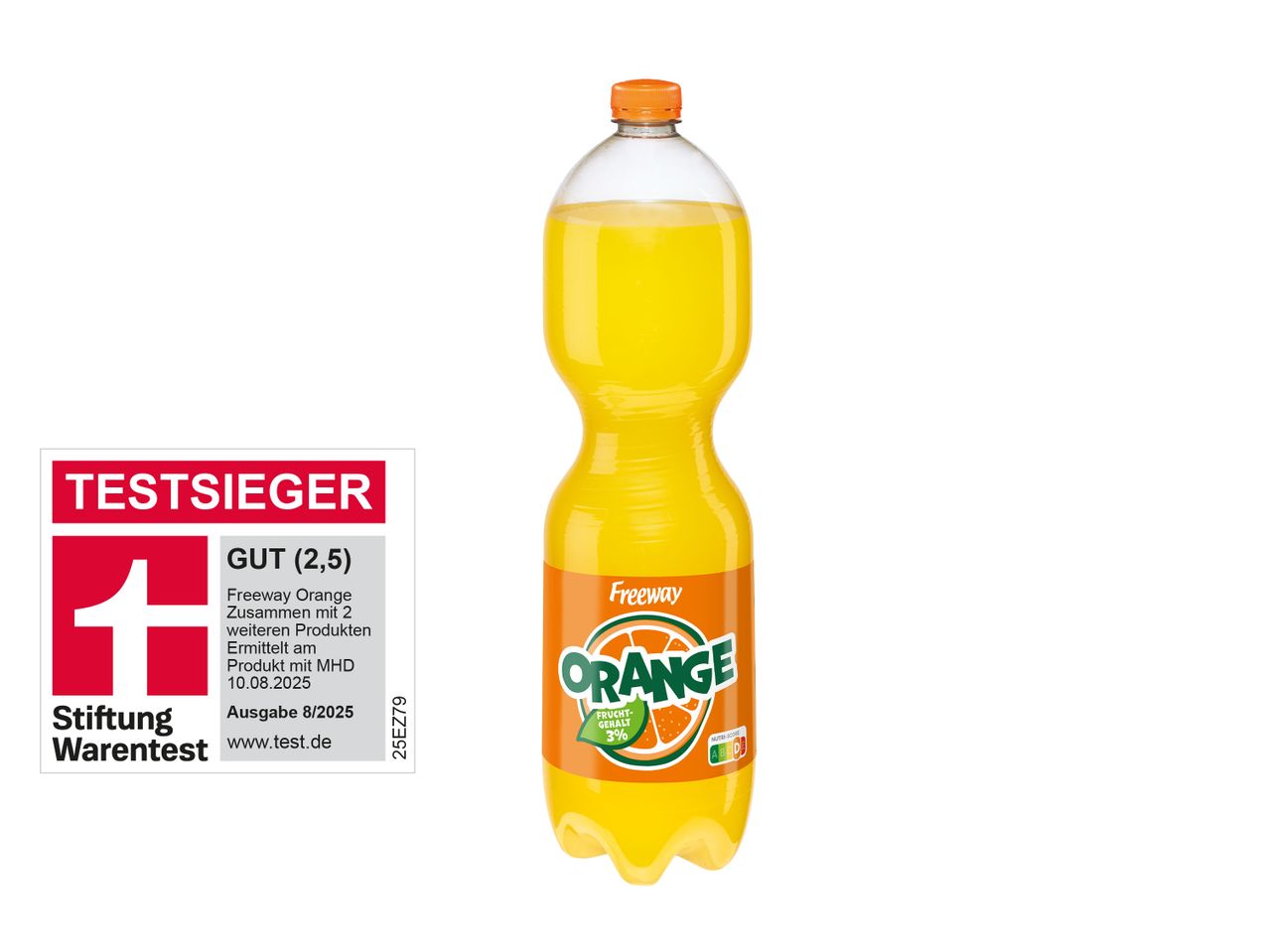 Orangefarbenes Erfrischungsgetränk in einer Flasche mit einem Testsieger-Siegel.