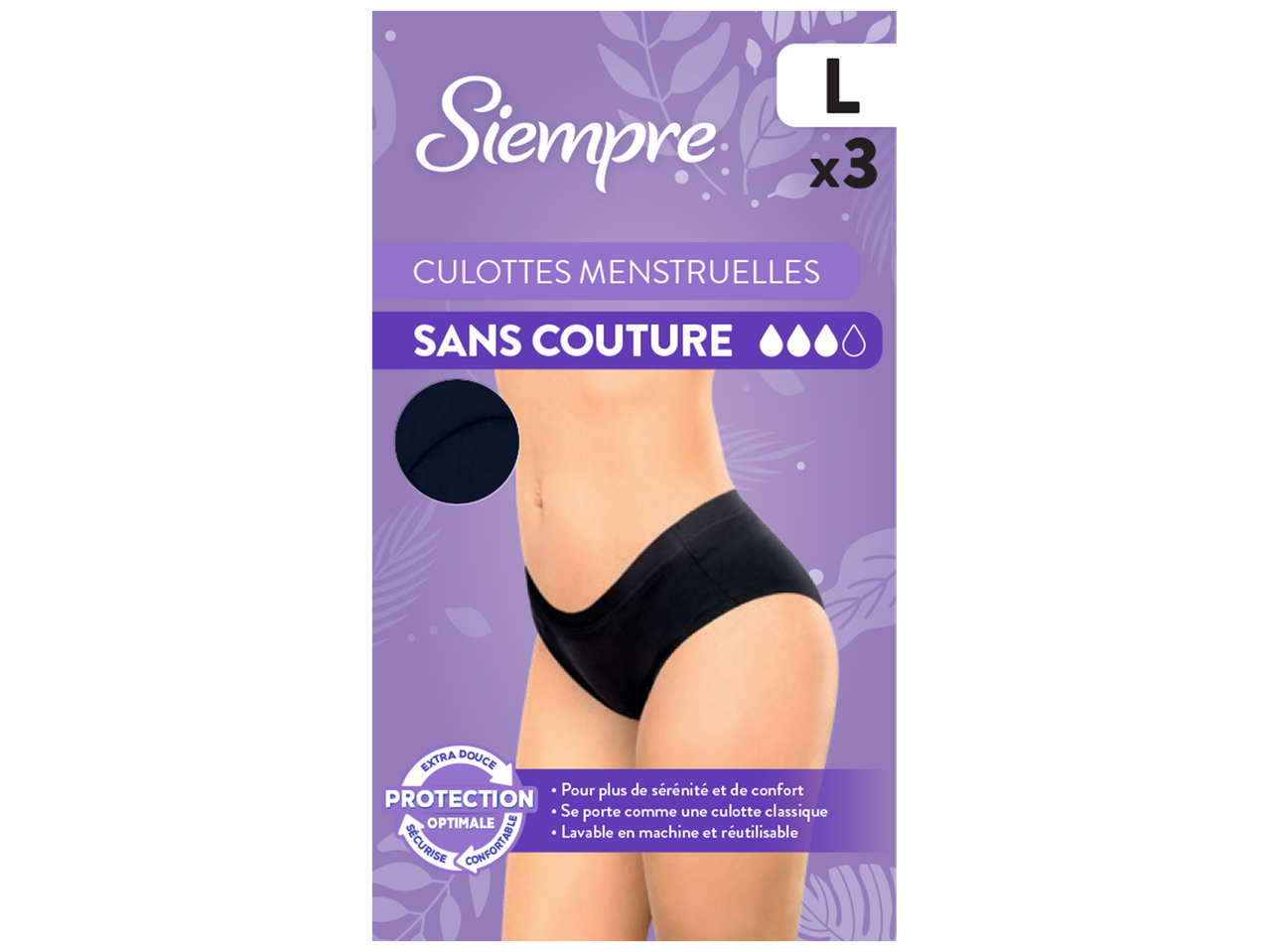 Culottes menstruelles sans couture, taille L, par lot de 3, offrant protection et confort.